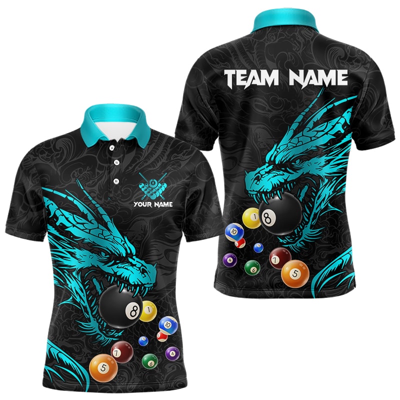 Personalized Blue Cyan Black Dragon Billiard Balls Pool Shirt For Men, Billiard League Team Jersey TDM3415