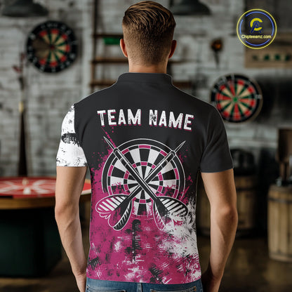 Personalized Pink Grunge Mens Dart Shirts Custom Dart Jerseys Team Polo & 1/4 Zip, Darts Uniform TDM5701