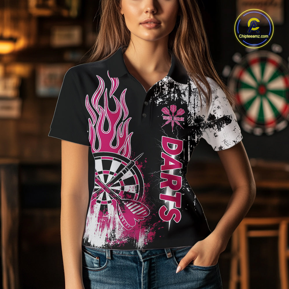 Personalized Pink Grunge Womens Dart Shirts Custom Dart Jerseys Team Polo & 1/4 Zip, Darts Uniform TDM5701