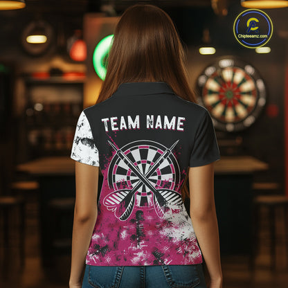 Personalized Pink Grunge Womens Dart Shirts Custom Dart Jerseys Team Polo & 1/4 Zip, Darts Uniform TDM5701