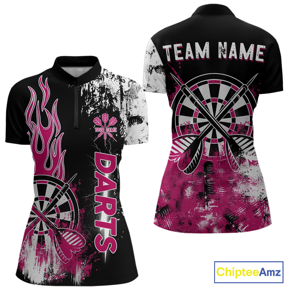 Personalized Pink Grunge Womens Dart Shirts Custom Dart Jerseys Team Polo & 1/4 Zip, Darts Uniform TDM5701