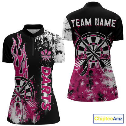 Personalized Pink Grunge Womens Dart Shirts Custom Dart Jerseys Team Polo & 1/4 Zip, Darts Uniform TDM5701