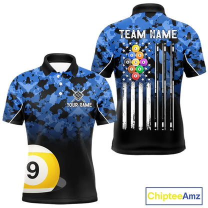 9 Ball Pool Blue Camo Custom Billiard Shirts For Men, Patriotic US Flag Billiard Team Jerseys TDM5711