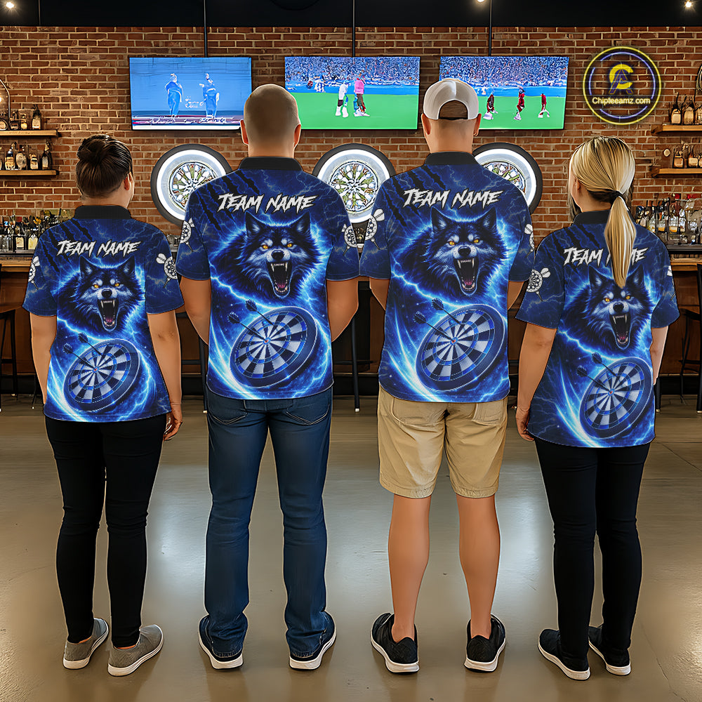 Personalized Blue Dartboard Lightning Wolf Darts Shirt For Men, Darts Team Jersey Polo & 1/4 Zip TDM5918