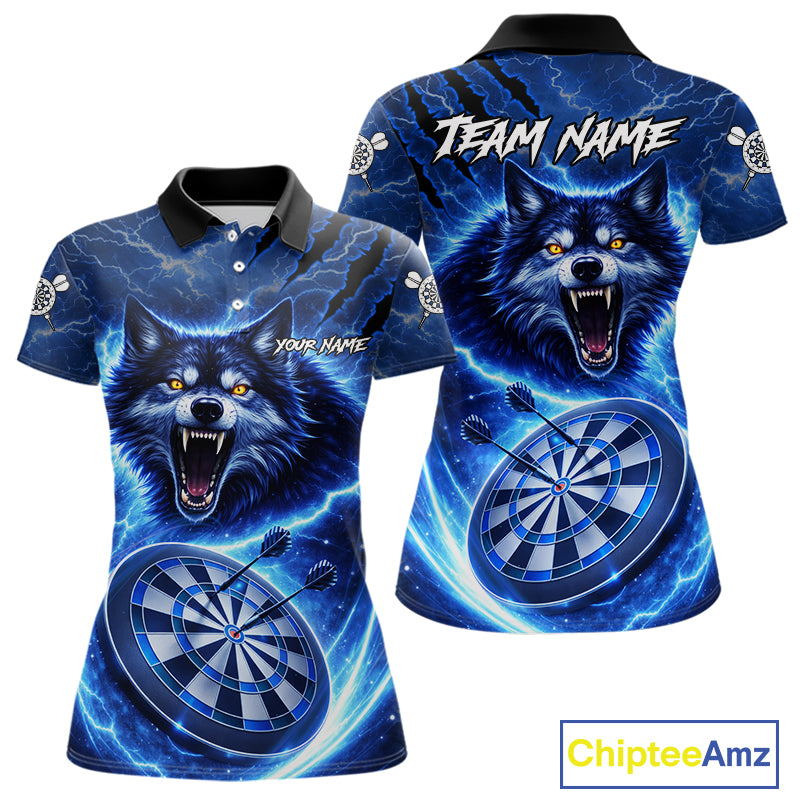 Personalized Blue Dartboard Lightning Wolf Darts Shirt For Women, Darts Team Jersey Polo & 1/4 Zip TDM5918