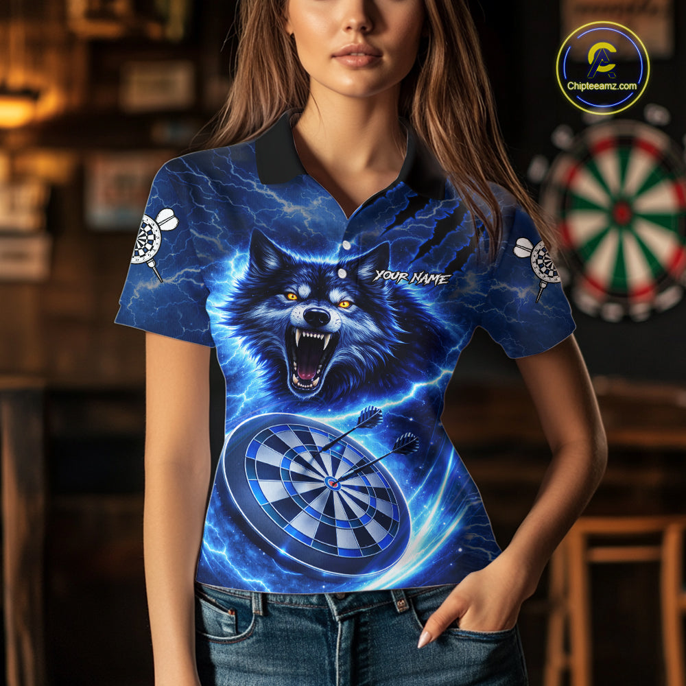 Personalized Blue Dartboard Lightning Wolf Darts Shirt For Women, Darts Team Jersey Polo & 1/4 Zip TDM5918