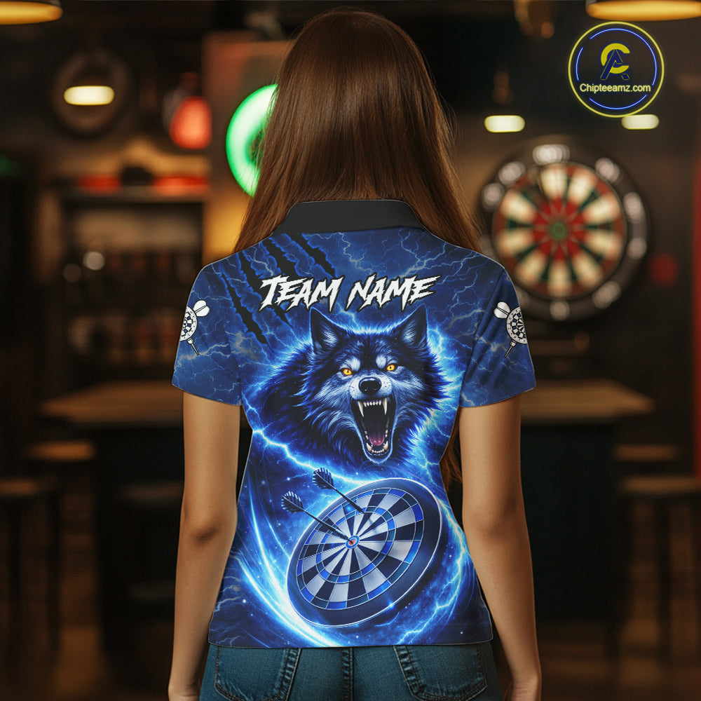Personalized Blue Dartboard Lightning Wolf Darts Shirt For Women, Darts Team Jersey Polo & 1/4 Zip TDM5918