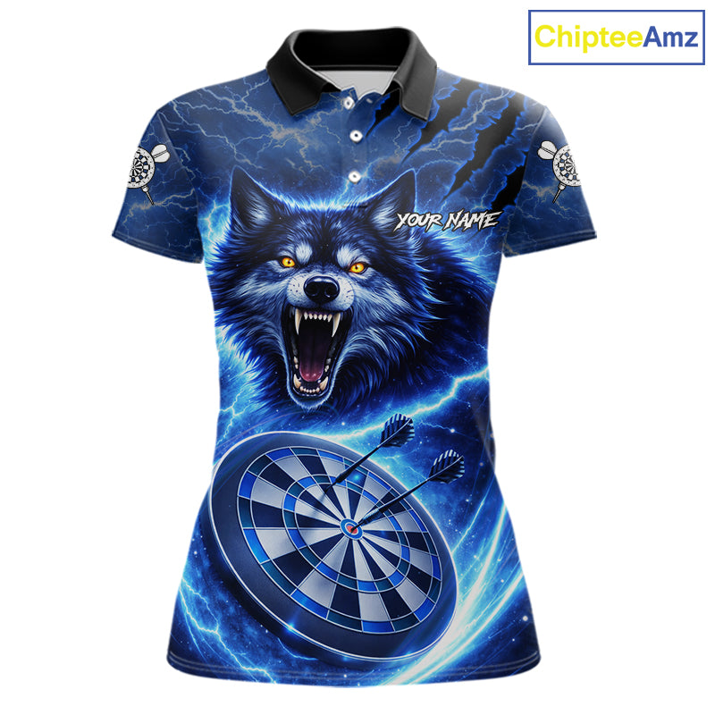 Personalized Blue Dartboard Lightning Wolf Darts Shirt For Women, Darts Team Jersey Polo & 1/4 Zip TDM5918