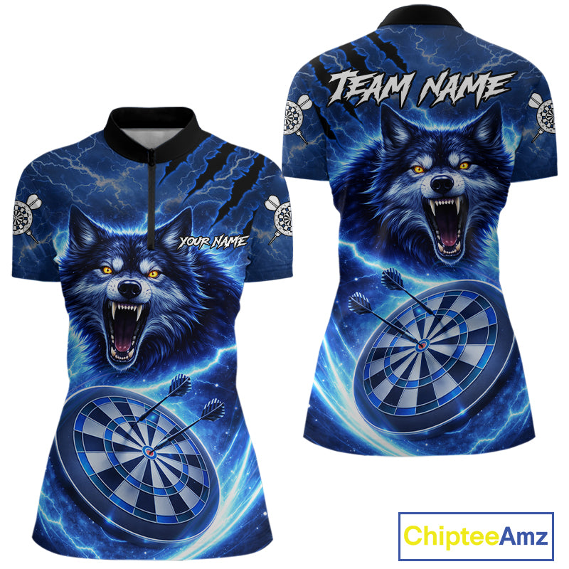 Personalized Blue Dartboard Lightning Wolf Darts Shirt For Women, Darts Team Jersey Polo & 1/4 Zip TDM5918