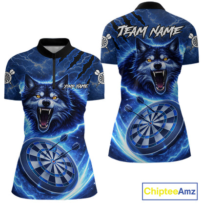 Personalized Blue Dartboard Lightning Wolf Darts Shirt For Women, Darts Team Jersey Polo & 1/4 Zip TDM5918