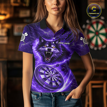 Personalized Purple Dartboard Lightning Wolf Darts Shirt For Women, Darts Team Jersey Polo & 1/4 Zip TDM5919