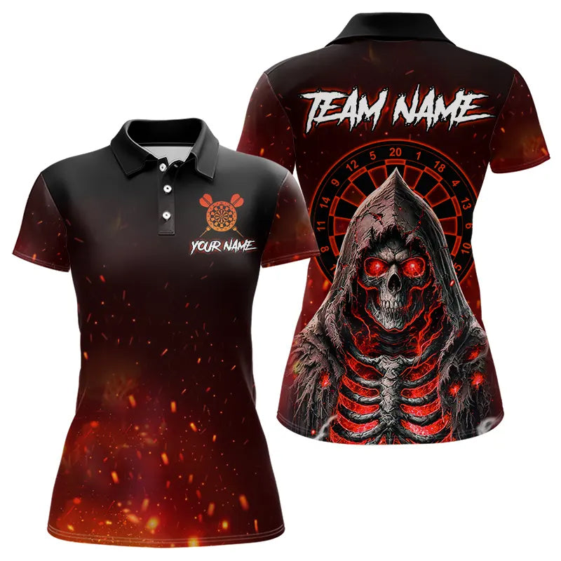 Red And Black Glowing Fire Grim Reaper Dart Shirts For Women Custom Dart Jerseys Polo & 1/4 Zip TDM3712