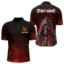 Load image into Gallery viewer, Red And Black Glowing Fire Death Skeleton Dart Shirts For Men Custom Dart Jerseys Polo &amp; 1/4 Zip TDM3712