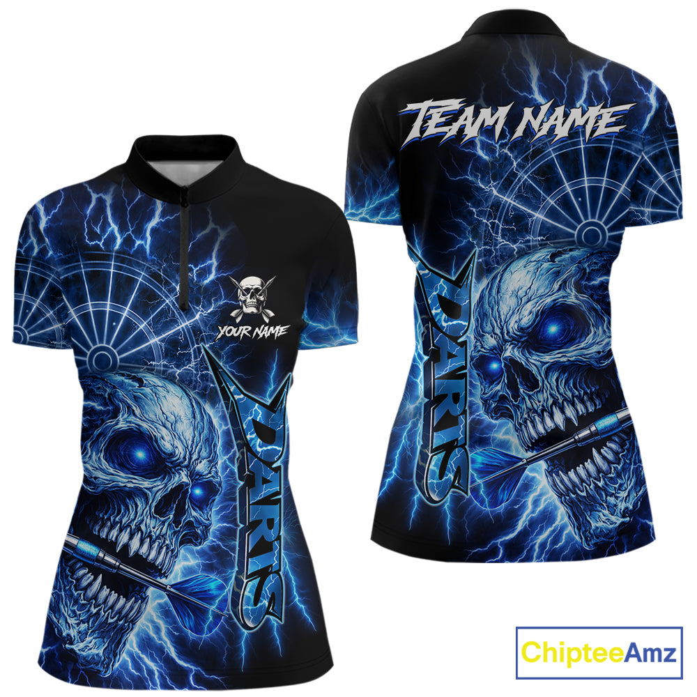 Blue Darts Skull Polo & Quarter Zip Shirt For Women Custom Thunder Lighting Darts Team Jersey TDM6061