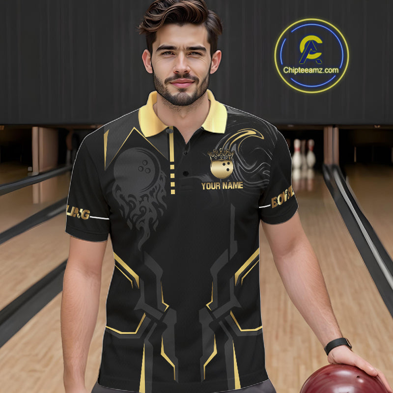 Custom Black And Gold Bowling Shirt For Men, Bowling Tournament Team Jersey Polo & 1/4 Zip TDM6318