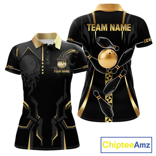 Custom Black And Gold Bowling Shirt For Women, Bowling Tournament Team Jersey Polo & 1/4 Zip TDM6318
