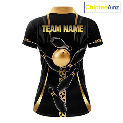 Custom Black And Gold Bowling Shirt For Women, Bowling Tournament Team Jersey Polo & 1/4 Zip TDM6318