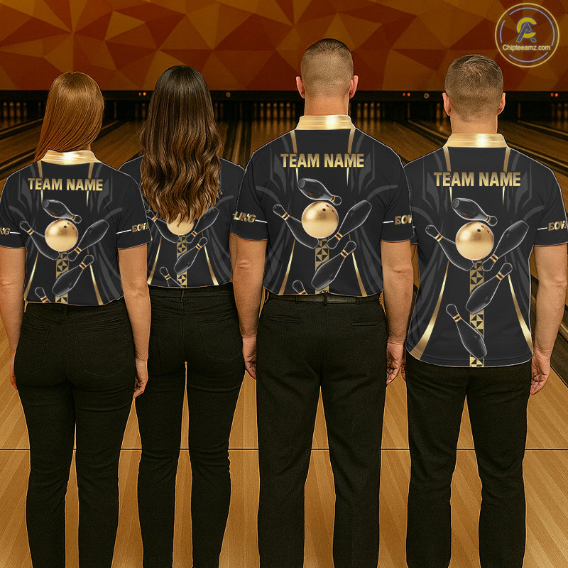 Custom Black And Gold Bowling Shirt For Men, Bowling Tournament Team Jersey Polo & 1/4 Zip TDM6318