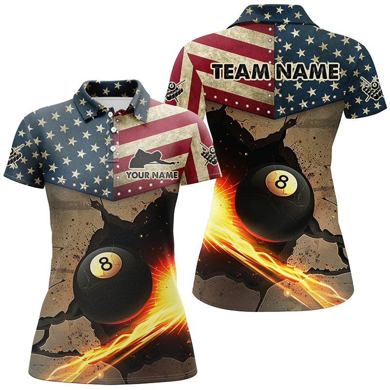 US Flag Funny 8 Ball Pool In Cracked Wall Custom Women Billiards Shirts, Patriotic Billiard Jerseys TDM1606