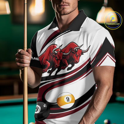 Custom Red 8 Ball & 9 Ball Pool Bull Billiard Shirt For Men, Billiard Team Jersey Polo & 1/4 Zip TDM6493