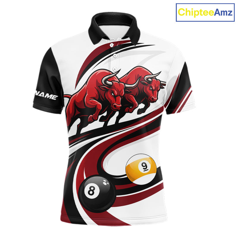 Custom Red 8 Ball & 9 Ball Pool Bull Billiard Shirt For Men, Billiard Team Jersey Polo & 1/4 Zip TDM6493