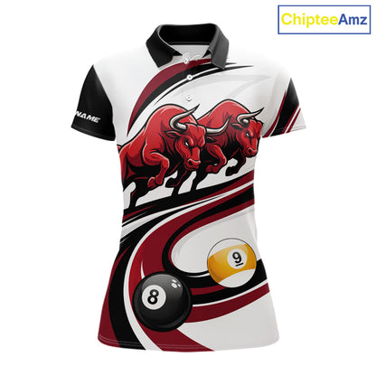 Custom Red 8 Ball & 9 Ball Pool Bull Billiard Shirt For Women, Billiard Team Jersey Polo & 1/4 Zip TDM6493