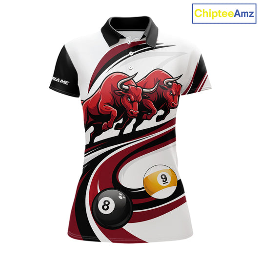 Custom Red 8 Ball & 9 Ball Pool Bull Billiard Shirt For Women, Billiard Team Jersey Polo & 1/4 Zip TDM6493