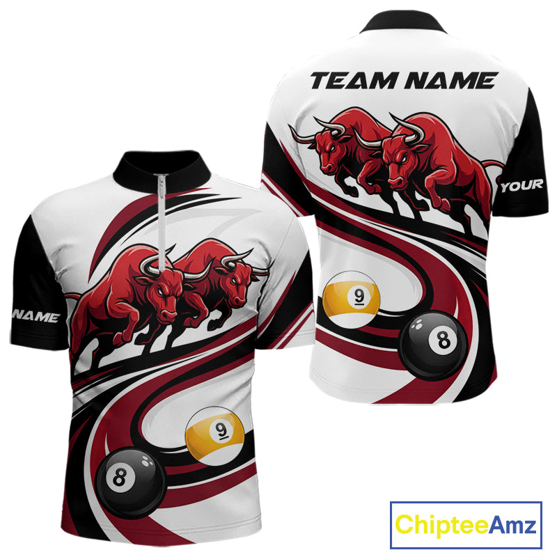 Custom Red 8 Ball & 9 Ball Pool Bull Billiard Shirt For Men, Billiard Team Jersey Polo & 1/4 Zip TDM6493