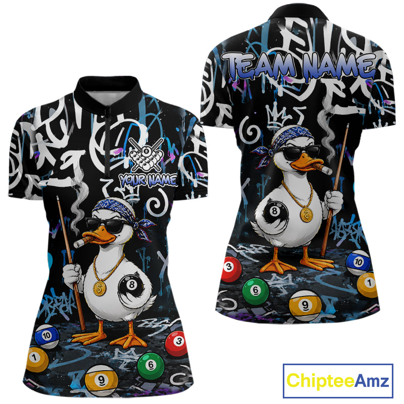 Colorful Graffiti Funny Duck 8 Ball Billiard Shirt For Women Custom Pool Team Jersey Polo & 1/4 Zip TDM6497