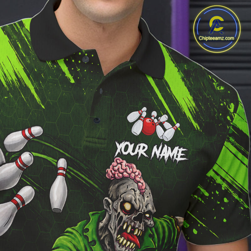 Custom Green Funny Zombie Bowling Shirt For Men, Bowling Team League Jersey Polo & Quarter Zip TDM6498