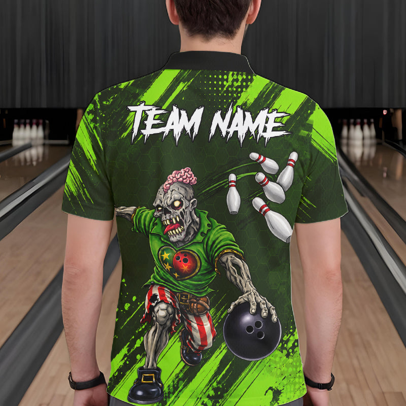 Custom Green Funny Zombie Bowling Shirt For Men, Bowling Team League Jersey Polo & Quarter Zip TDM6498