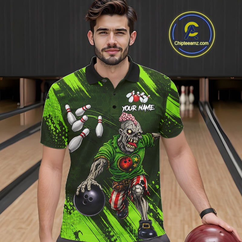 Custom Green Funny Zombie Bowling Shirt For Men, Bowling Team League Jersey Polo & Quarter Zip TDM6498