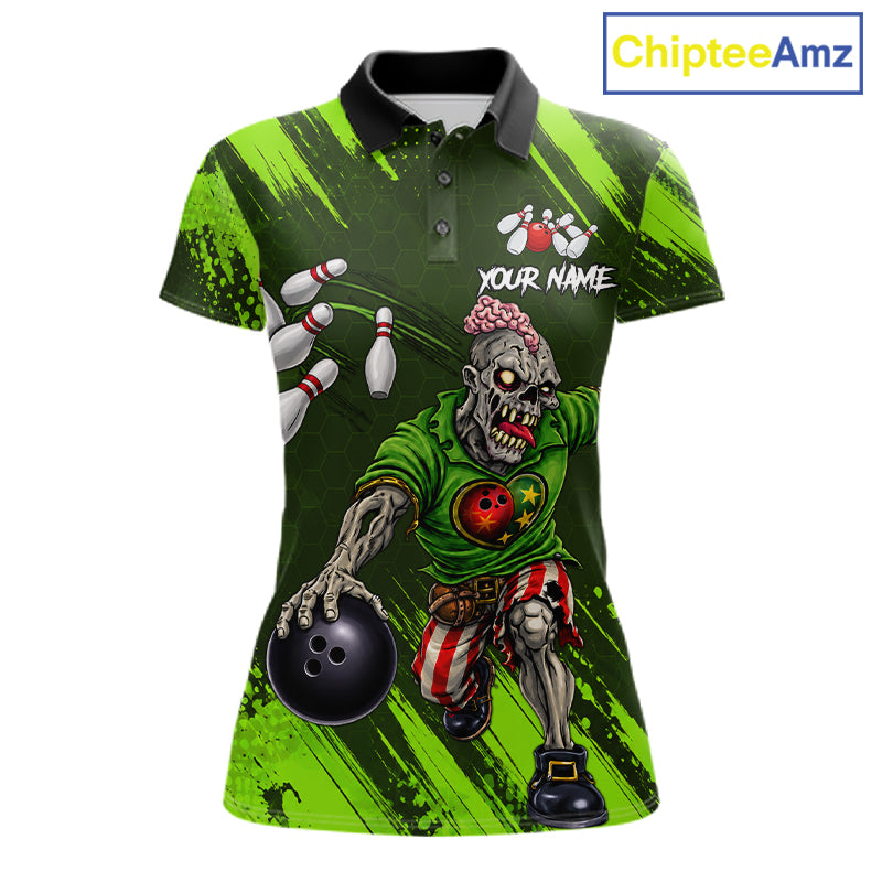 Custom Green Funny Zombie Bowling Shirt For Women, Bowling Team League Jersey Polo & Quarter Zip TDM6498