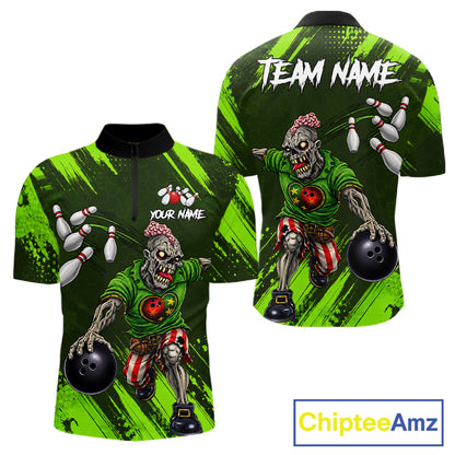 Custom Green Funny Zombie Bowling Shirt For Men, Bowling Team League Jersey Polo & Quarter Zip TDM6498
