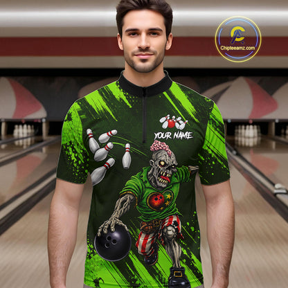 Custom Green Funny Zombie Bowling Shirt For Men, Bowling Team League Jersey Polo & Quarter Zip TDM6498