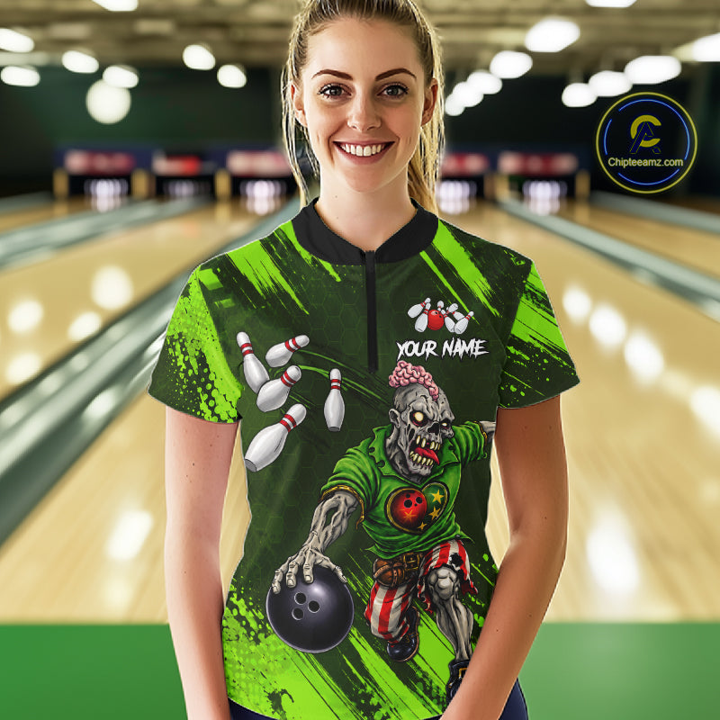 Custom Green Funny Zombie Bowling Shirt For Women, Bowling Team League Jersey Polo & Quarter Zip TDM6498