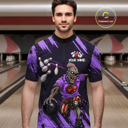 Custom Purple Funny Zombie Bowling Shirt For Men, Bowling Team League Jersey Polo & Quarter Zip TDM6499