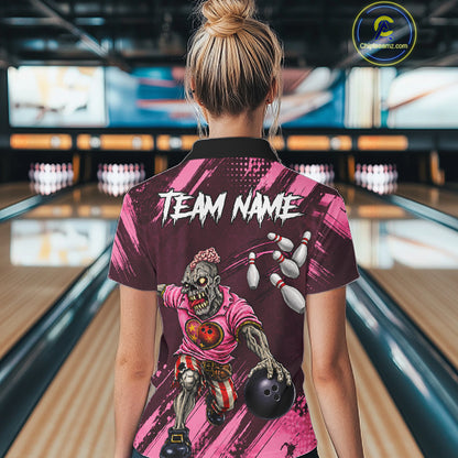 Custom Pink Funny Zombie Bowling Shirt For Women, Bowling Team League Jersey Polo & Quarter Zip TDM6500
