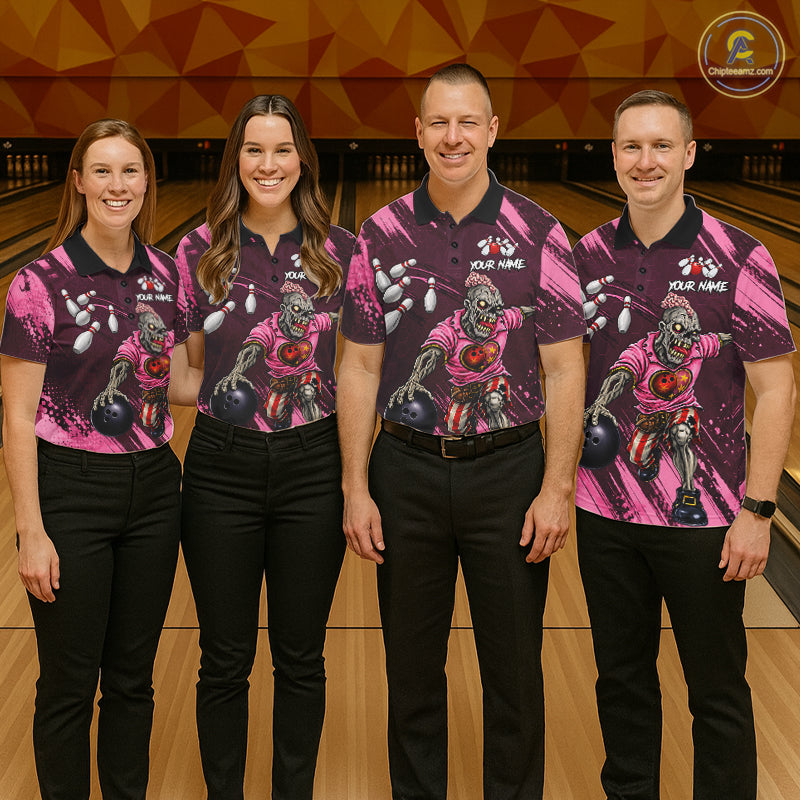 Custom Pink Funny Zombie Bowling Shirt For Men, Bowling Team League Jersey Polo & Quarter Zip TDM6500