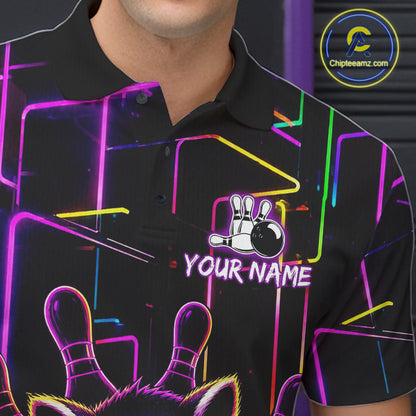 Close-up of a purple neon raccoon bowling polo shirt collar, buttons, and neon artwork.