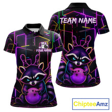 Load image into Gallery viewer, Funny purple neon raccoon bowling polo shirt for women with custom bowling team graphics.