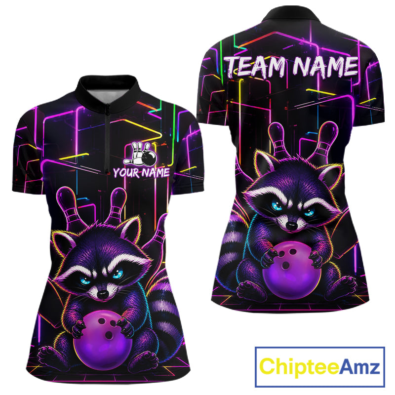 Funny purple neon raccoon bowling quarter zip shirt for women designed for tournaments and league play.