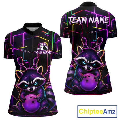 Funny purple neon raccoon bowling quarter zip shirt for women designed for tournaments and league play.