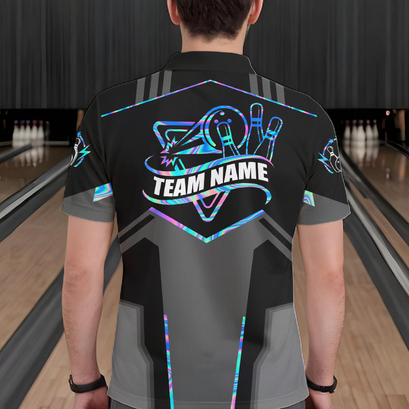 Back view of man wearing a holographic bowling polo shirt inside a bowling alley.