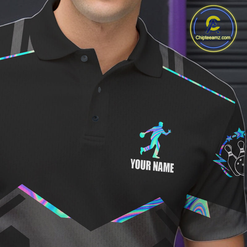 Close-up of a holographic bowling polo shirt collar, buttons, and reflective artwork.