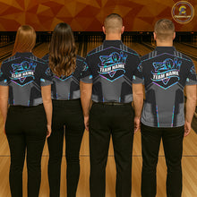 Load image into Gallery viewer, Back view of bowling team wearing matching holographic bowling shirts in a bowling alley