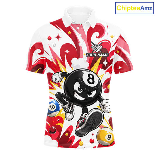 Red funny 8 ball pool graffiti billiard team jersey polo shirt for men featuring colorful graffiti artwork, premium custom pool league apparel for tournaments, league matches and competitive billiard players.