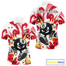 Load image into Gallery viewer, Red funny 8 ball pool graffiti billiard team jersey polo shirt for men featuring colorful graffiti artwork, premium custom pool league apparel for tournaments, league matches and competitive billiard players.
