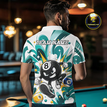 Load image into Gallery viewer, Man wearing teal funny 8 ball pool graffiti billiard team jersey polo shirt featuring colorful graffiti artwork, back view.
