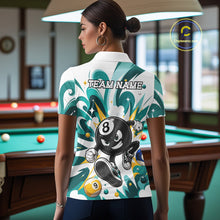 Load image into Gallery viewer, Woman wearing teal funny 8 ball pool graffiti billiard team jersey polo shirt featuring colorful graffiti artwork, back view.